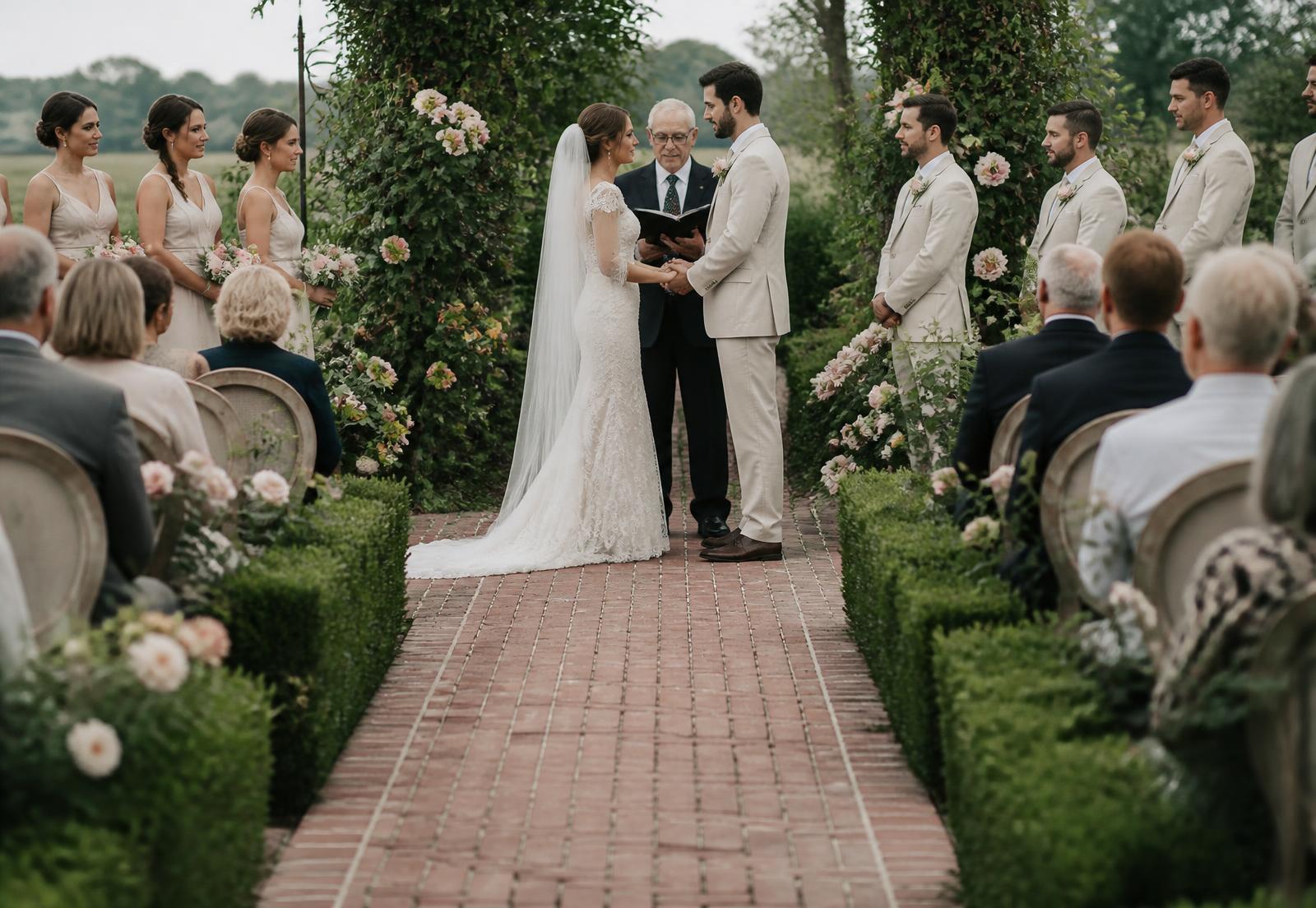 A garden ceremony aisle of old brick bordered by clipped hedges and pale roses