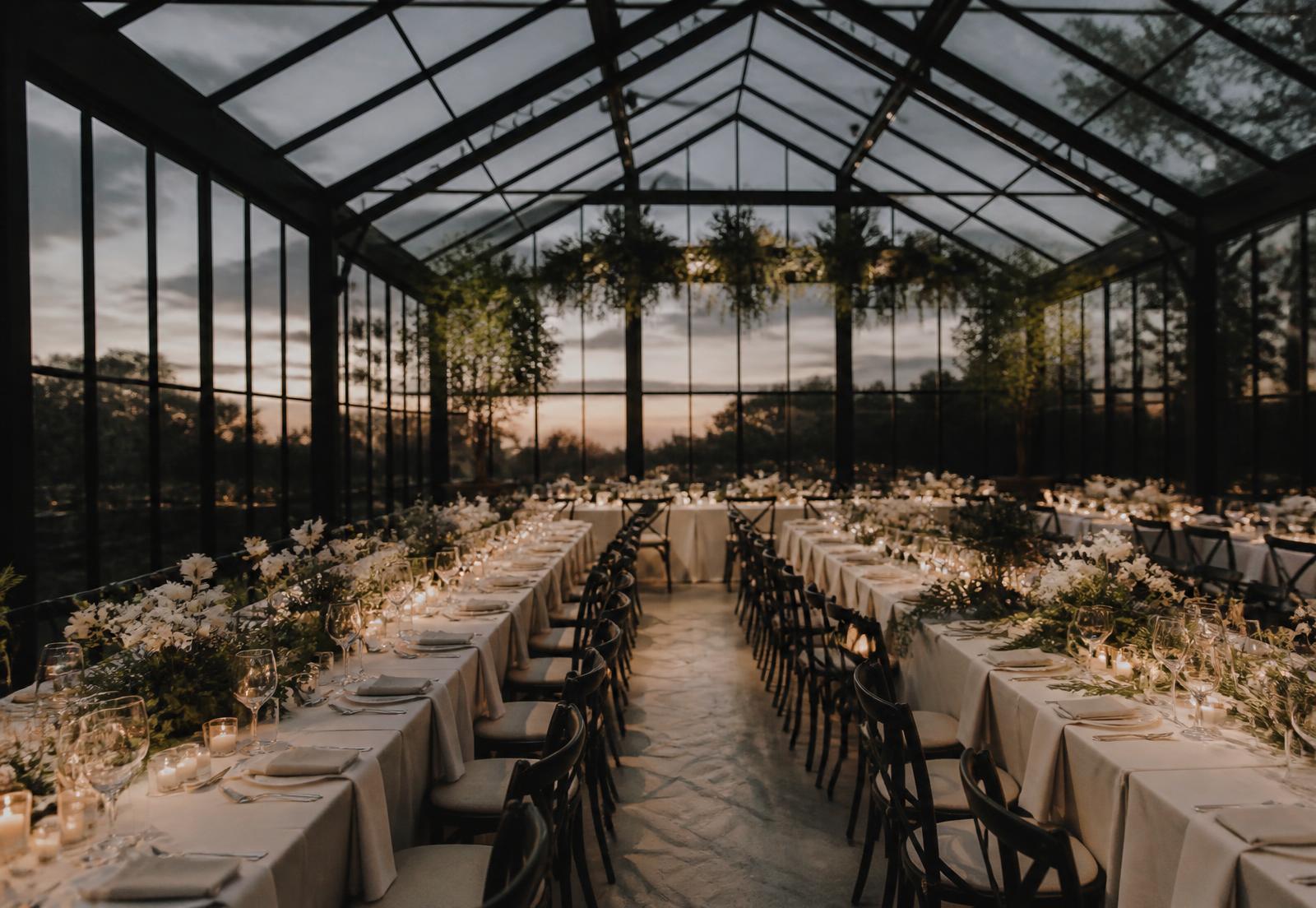 Glass conservatory hall lit by candles with a dusk sky visible overhead