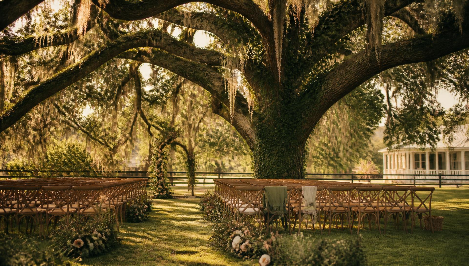 Late afternoon sun falling through a moss-draped live oak over ceremony chairs