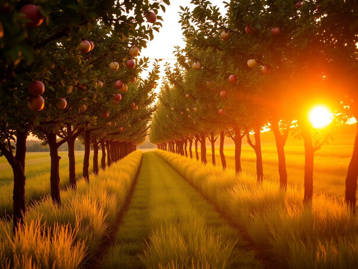 Fruit trees in low golden light along the estate boundary