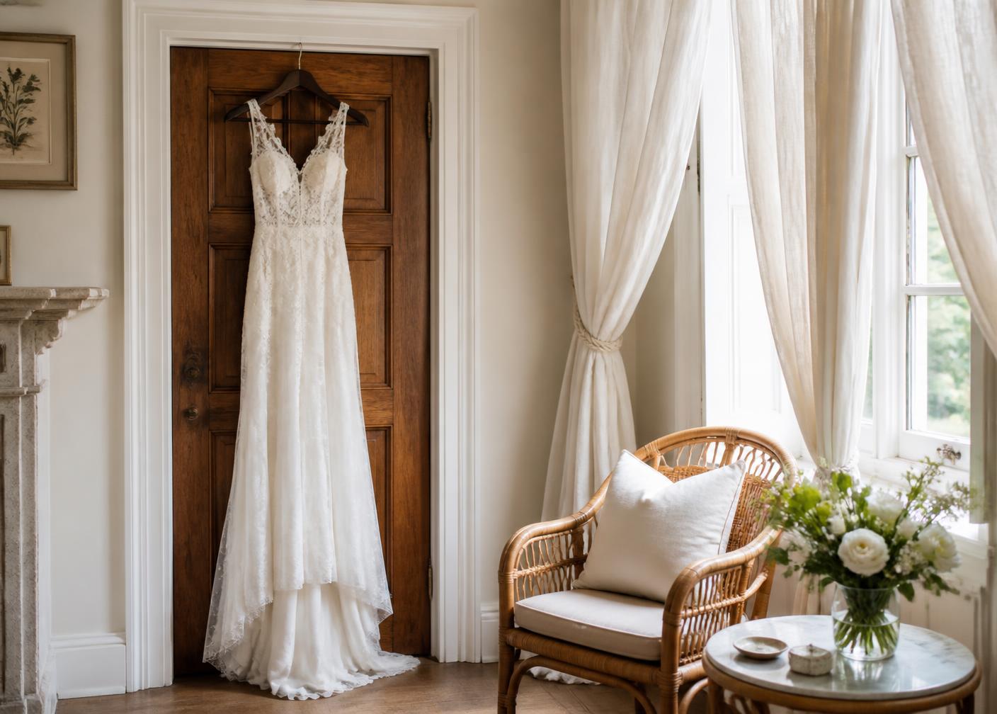 A dress hanging on a wooden door in a bright linen-curtained dressing room